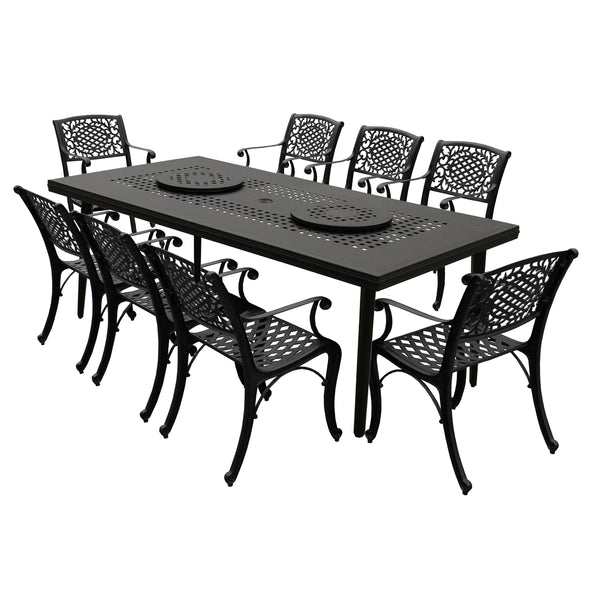 Aluminum 9pc Rectangular Patio Dining Set, Lazy Susans, Eight Chairs