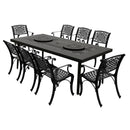 Aluminum 9pc Rectangular Patio Dining Set, Lazy Susans, Eight Chairs