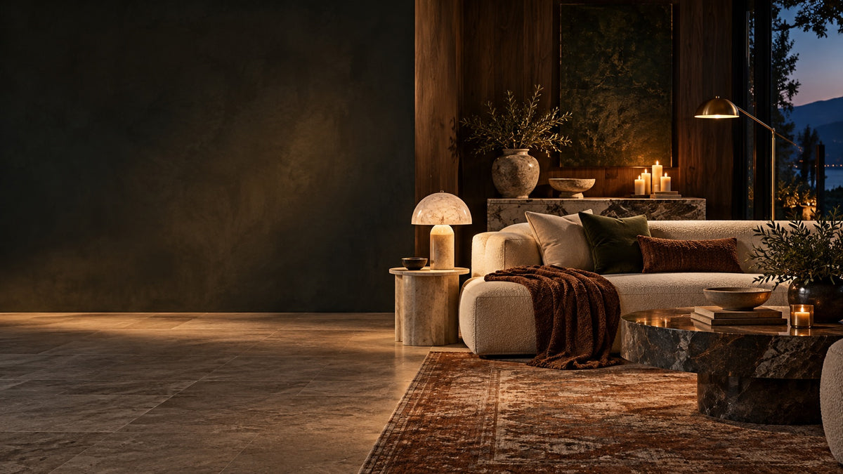 Black Friday living room with travertine floor, wool rug and marble lamps