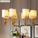 GobekUsa Gold Nordic Cylindrical Chandelier with Antler Deco - Fabric Suspension Light for Living Room