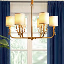 GobekUsa Gold Nordic Cylindrical Chandelier with Antler Deco - Fabric Suspension Light for Living Room