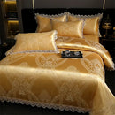 GobekUsa Golden Jacquard Cotton Lace Bedding Set - Silky Soft Duvet Cover, Flat Sheet, Pillowcase
