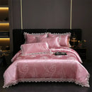 GobekUsa Golden Jacquard Cotton Lace Bedding Set - Silky Soft Duvet Cover, Flat Sheet, Pillowcase