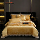 GobekUsa Golden Jacquard Cotton Lace Bedding Set - Silky Soft Duvet Cover, Flat Sheet, Pillowcase