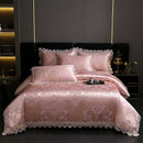 GobekUsa Golden Jacquard Cotton Lace Bedding Set - Silky Soft Duvet Cover, Flat Sheet, Pillowcase