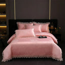 GobekUsa Golden Jacquard Cotton Lace Bedding Set - Silky Soft Duvet Cover, Flat Sheet, Pillowcase