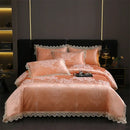 GobekUsa Golden Jacquard Cotton Lace Bedding Set - Silky Soft Duvet Cover, Flat Sheet, Pillowcase