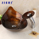 GobekUsa Golden Leaf Vessel Glass Sink Set with Chrome Faucet
