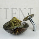 GobekUsa Golden Leaf Vessel Glass Sink Set with Chrome Faucet