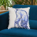 Blue Decorative Pillow with Pom-Poms Cat 18"x18"