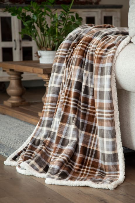 Gray and Chestnut Plaid Plush Throw