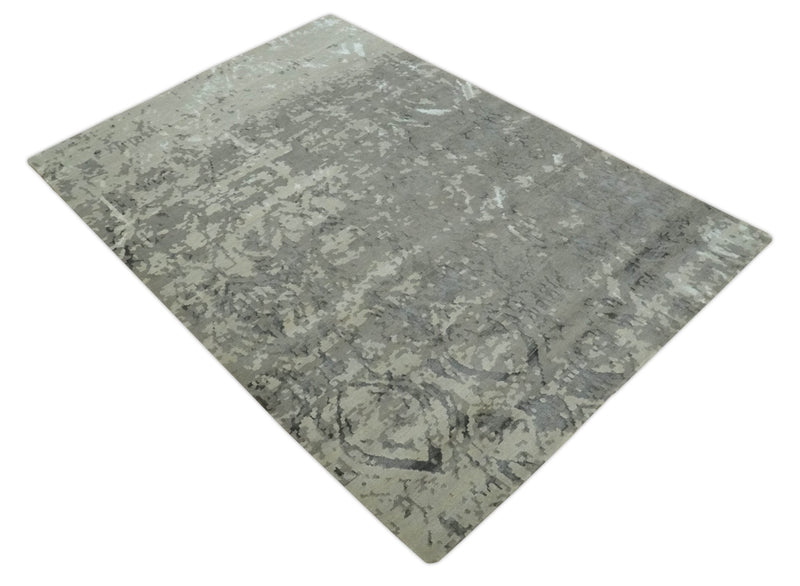 Gray and Silver Modern Abstract Hand knotted 6x9 Wool and Art Silk Area Rug
