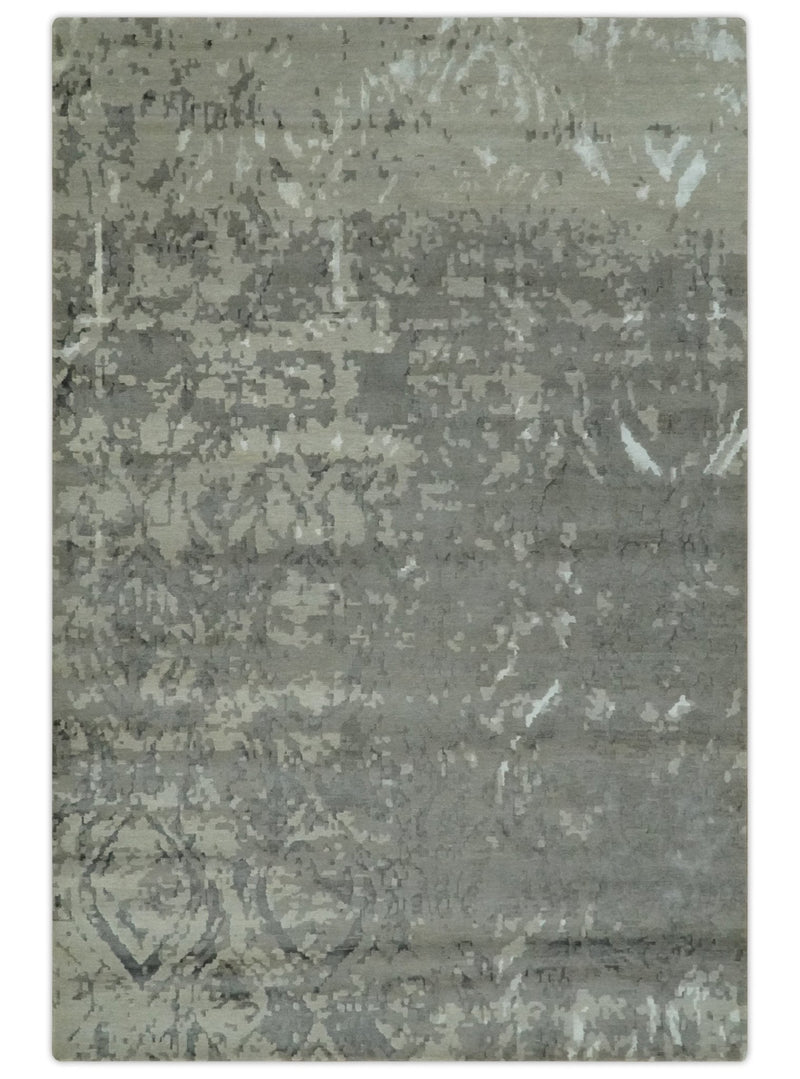 Gray and Silver Modern Abstract Hand knotted 6x9 Wool and Art Silk Area Rug