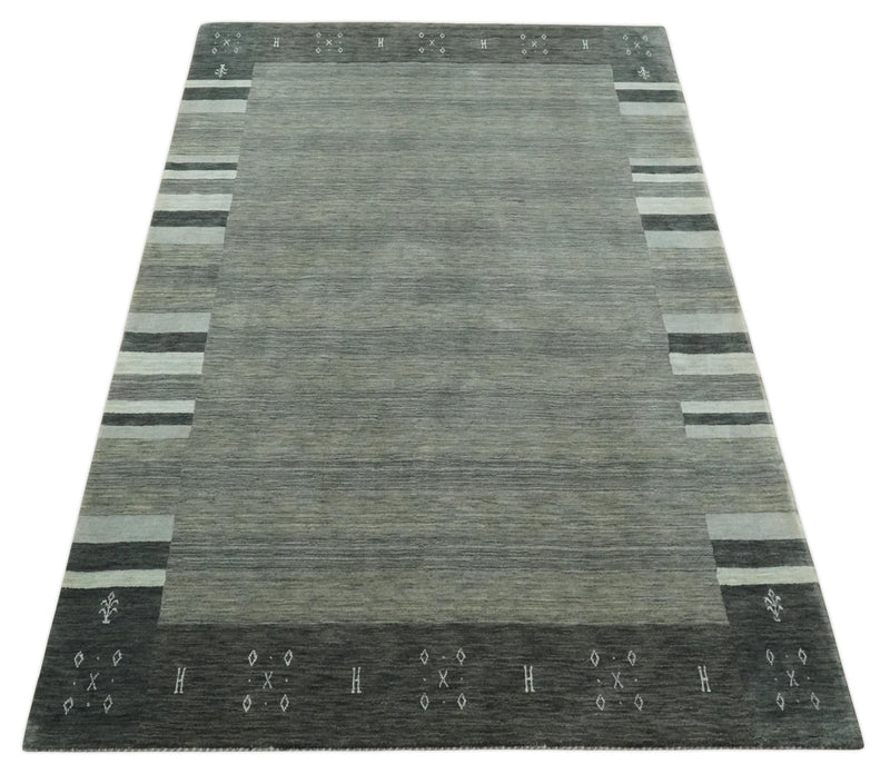 5x8 Gray, Charcoal and Ivory with Striped Wool Hand Woven Southwestern Lori Gabbeh Rug| KNT27