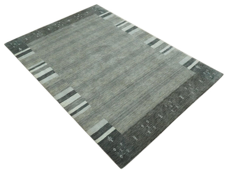 5x8 Gray, Charcoal and Ivory with Striped Wool Hand Woven Southwestern Lori Gabbeh Rug| KNT27