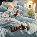 GobekUsa Cotton Cartoon Towel Embroidery Bedding Set: Quilt Cover, Bed Sheet, Pillowcases