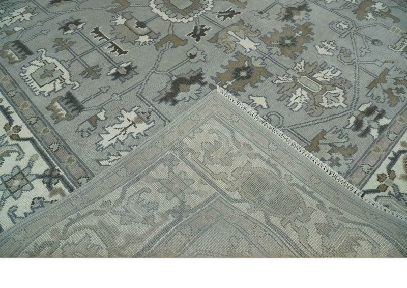 Gray, Ivory, Olive and Charcoal Hand Knotted Medallion 8x10 Traditional Oushak wool Area Rug