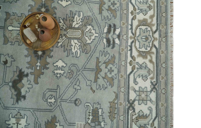 Gray, Ivory, Olive and Charcoal Hand Knotted Medallion 8x10 Traditional Oushak wool Area Rug