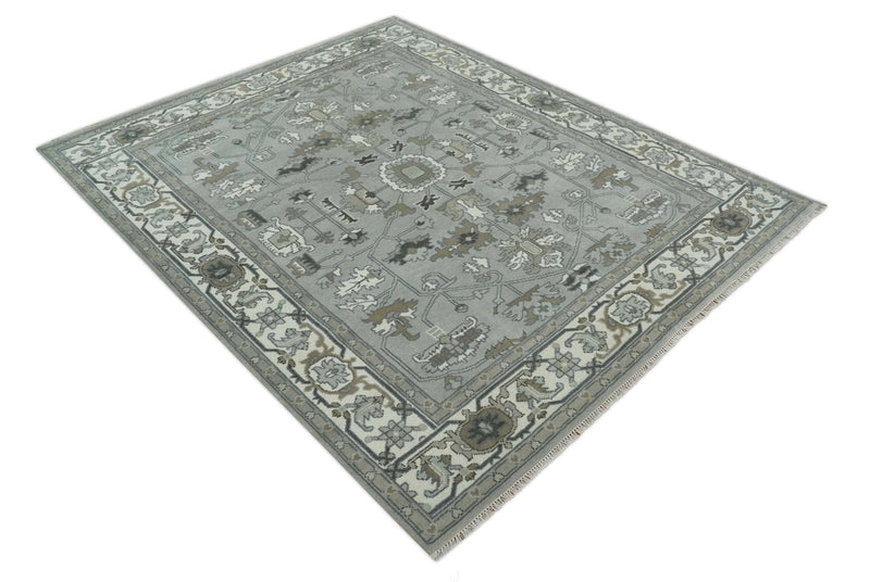 Gray, Ivory, Olive and Charcoal Hand Knotted Medallion 8x10 Traditional Oushak wool Area Rug