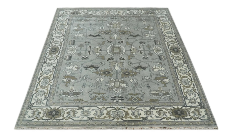 Gray, Ivory, Olive and Charcoal Hand Knotted Medallion 8x10 Traditional Oushak wool Area Rug