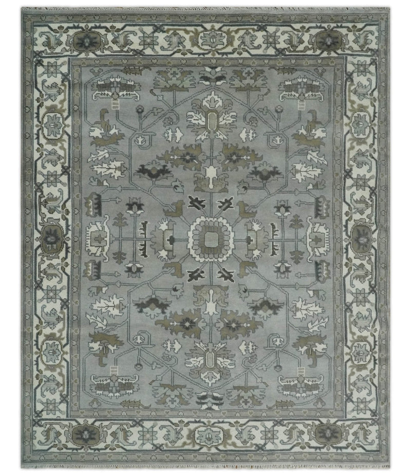 Gray, Ivory, Olive and Charcoal Hand Knotted Medallion 8x10 Traditional Oushak wool Area Rug
