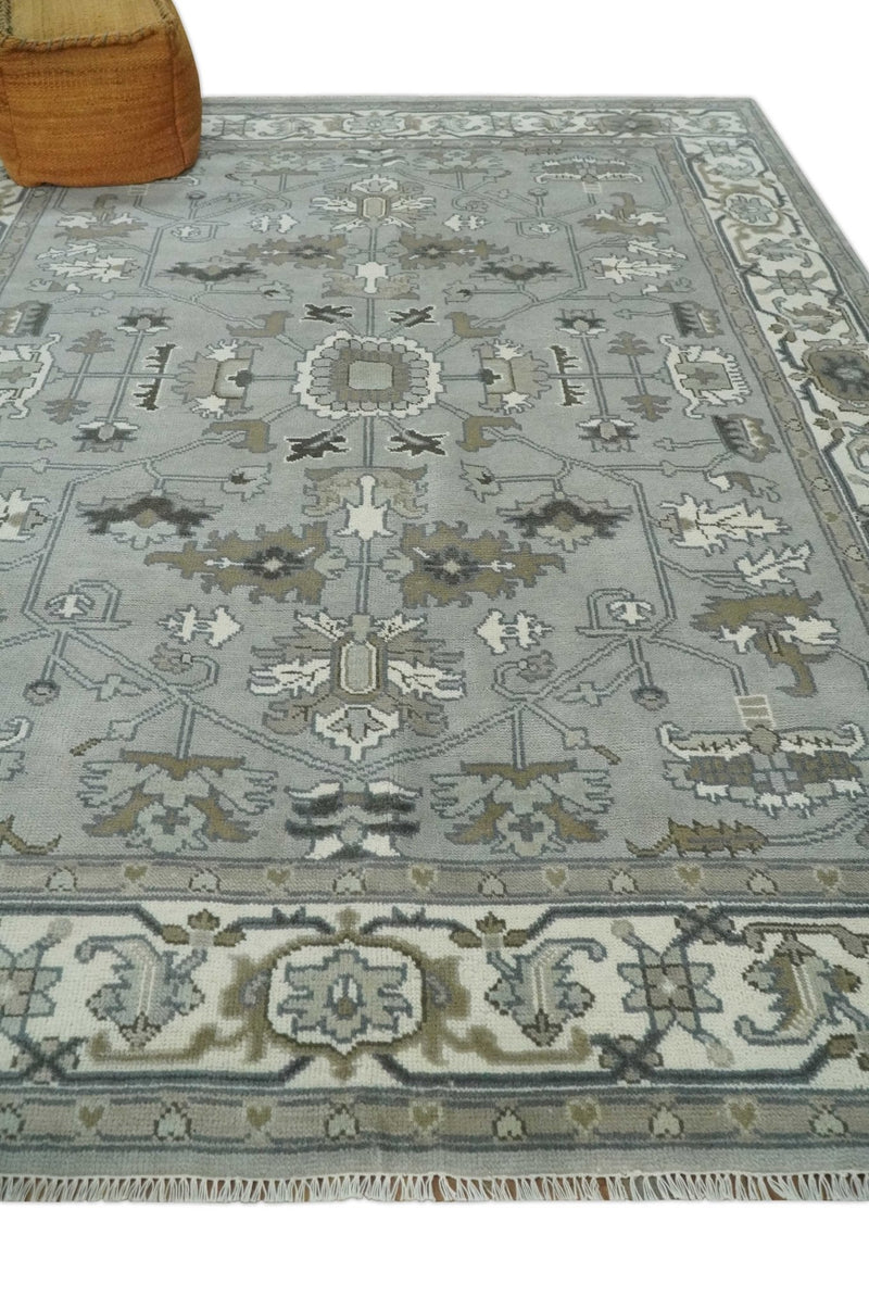 Gray, Ivory, Olive and Charcoal Hand Knotted Medallion 8x10 Traditional Oushak wool Area Rug