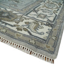 Gray, Ivory, Olive and Charcoal Hand Knotted Medallion 8x10 Traditional Oushak wool Area Rug