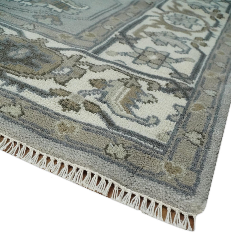 Gray, Ivory, Olive and Charcoal Hand Knotted Medallion 8x10 Traditional Oushak wool Area Rug