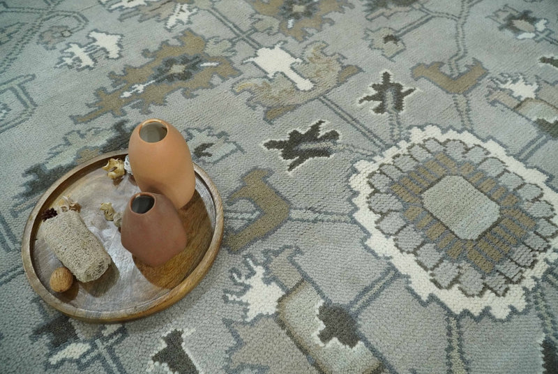Gray, Ivory, Olive and Charcoal Hand Knotted Medallion 8x10 Traditional Oushak wool Area Rug