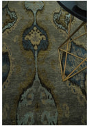 Gray, Teal, Beige and Silver Antique Ikat Design 8x10 wool Area Rug