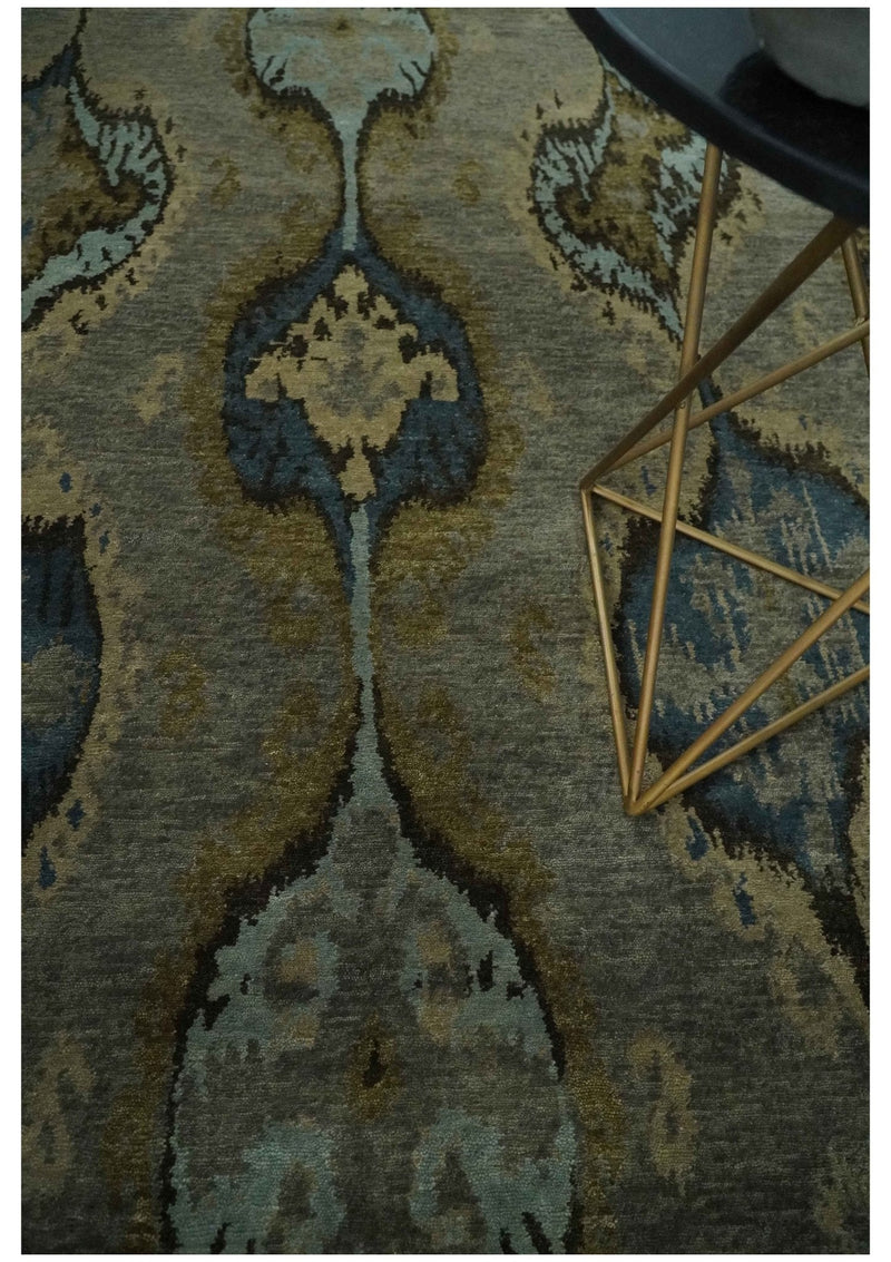 Gray, Teal, Beige and Silver Antique Ikat Design 8x10 wool Area Rug