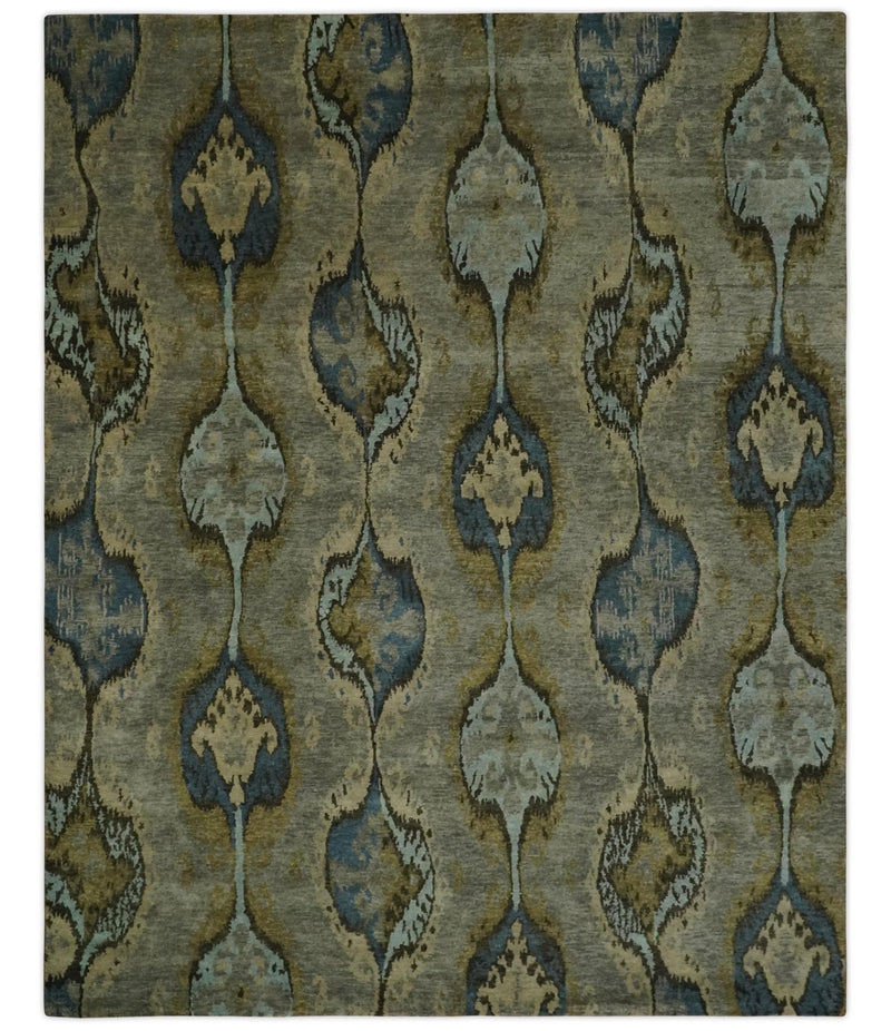 Gray, Teal, Beige and Silver Antique Ikat Design 8x10 wool Area Rug
