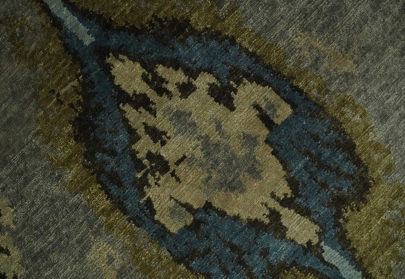 Gray, Teal, Beige and Silver Antique Ikat Design 8x10 wool Area Rug