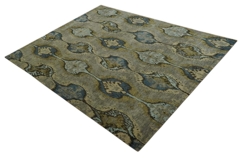 Gray, Teal, Beige and Silver Antique Ikat Design 8x10 wool Area Rug