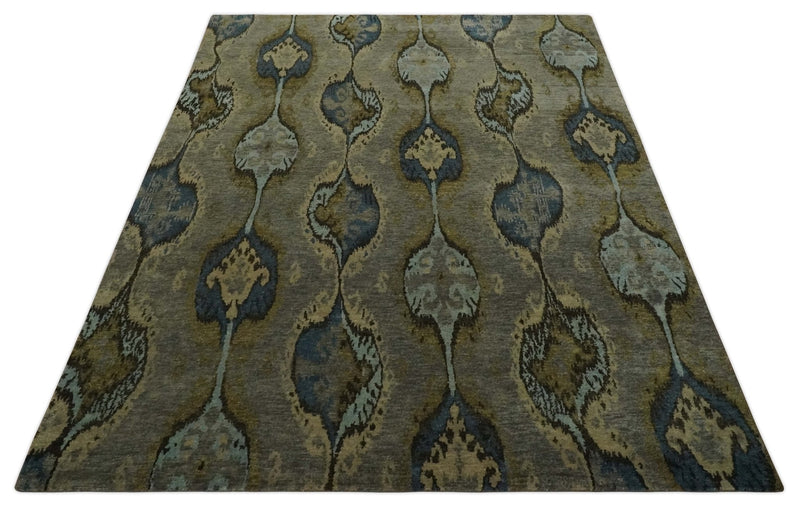 Gray, Teal, Beige and Silver Antique Ikat Design 8x10 wool Area Rug