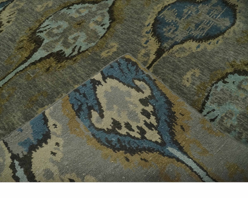 Gray, Teal, Beige and Silver Antique Ikat Design 8x10 wool Area Rug