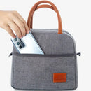 Gray textured insulated lunch bag kitchen thermal tote with leather handles by Decorbites