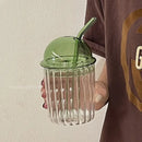 Green 450ml striped glass cup with lid and straw kitchen glassware by Decorbites