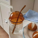 Green 450ml striped glass cup with lid and straw kitchen glassware by Decorbites