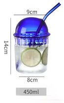 Green 450ml striped glass cup with lid and straw kitchen glassware by Decorbites