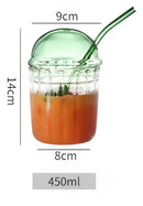 Green 450ml striped glass cup with lid and straw kitchen glassware by Decorbites