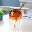 Green 450ml striped glass cup with lid and straw kitchen glassware by Decorbites