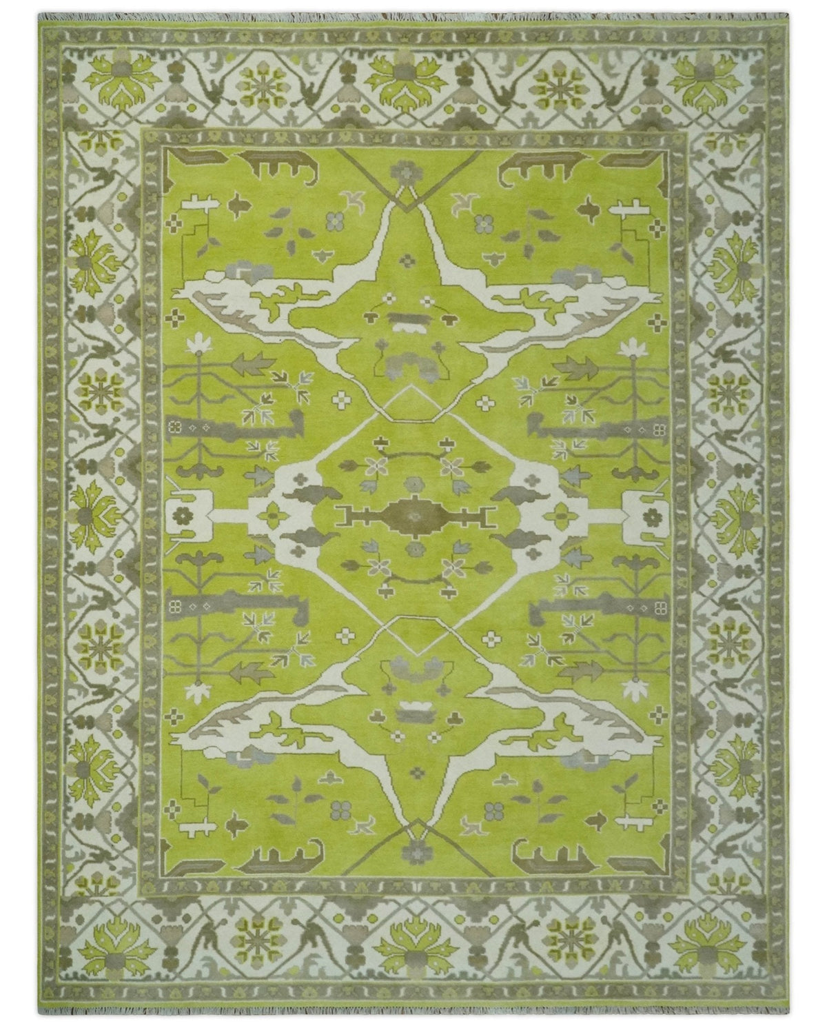 Light Green and Ivory Hand Knotted Oriental Oushak Wool Area Rug - Traditional Handwoven