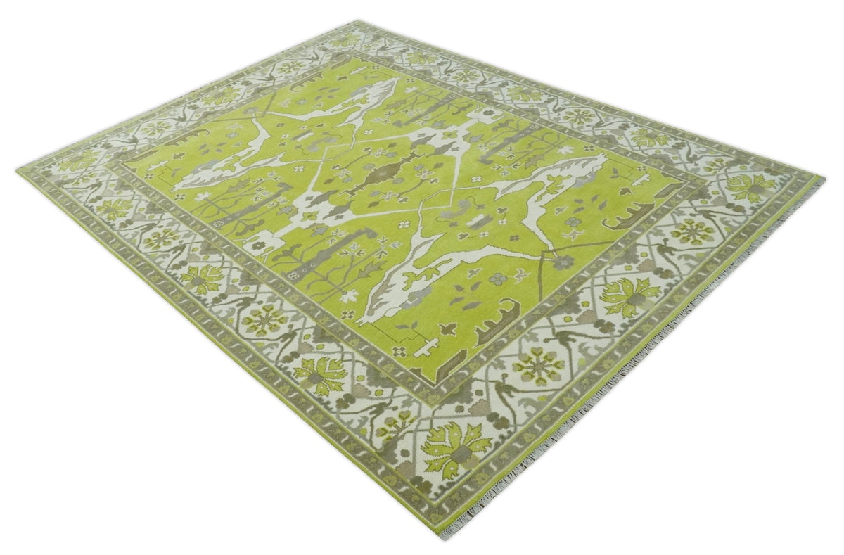 Light Green and Ivory Hand Knotted Oriental Oushak Wool Area Rug - Traditional Handwoven, photo 9 of 10