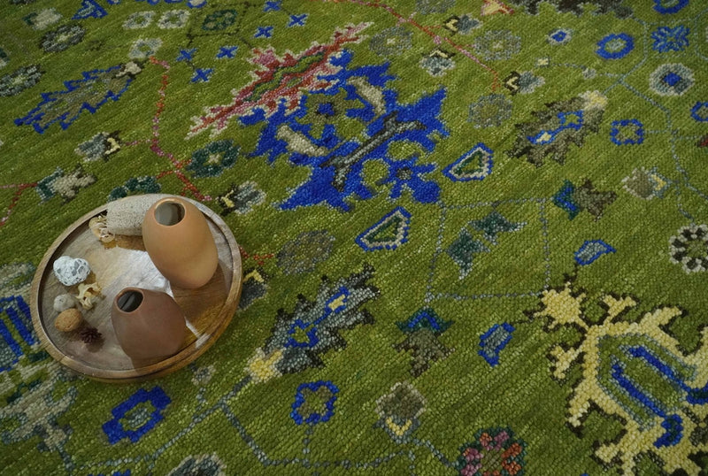 Green, Blue and Brown Hand knotted 8x10 Traditional Oushak wool Area Rug