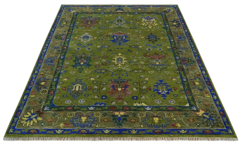 Green, Blue and Brown Hand knotted 8x10 Traditional Oushak wool Area Rug