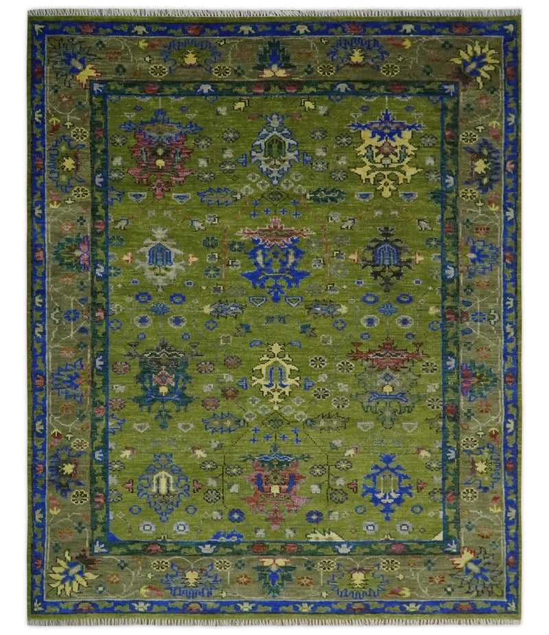 Green, Blue and Brown Hand knotted 8x10 Traditional Oushak wool Area Rug