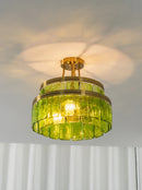Green Glass Drum-Shaped Ceiling Light