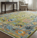 Hand-Knotted Wool Traditional Oushak Area Rug - Green Gray Peach