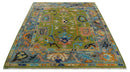 Green, Gray and Peach Vibrant Colorful Hand knotted Traditional Oushak 8x10 and 9x12 wool Area Rug by The Rug Decor
